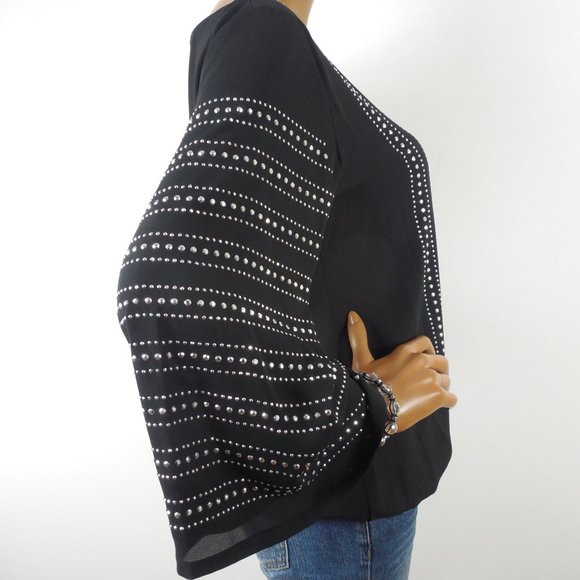 ALFANI Top M/10 Party Blouse Black with Silver Studs Bubble Hem 3/4 Flared Slvs - Picture 8 of 12